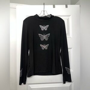 SHEIN Black Long Sleeve Top with Butterfly Accents